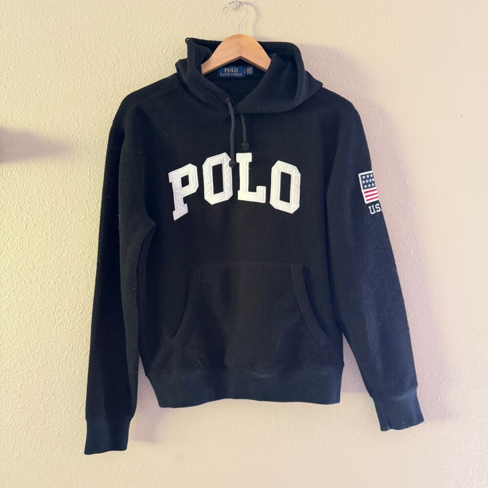 Polo Ralph Lauren USA Hoodie Small Black Fleece Pullover Rugby